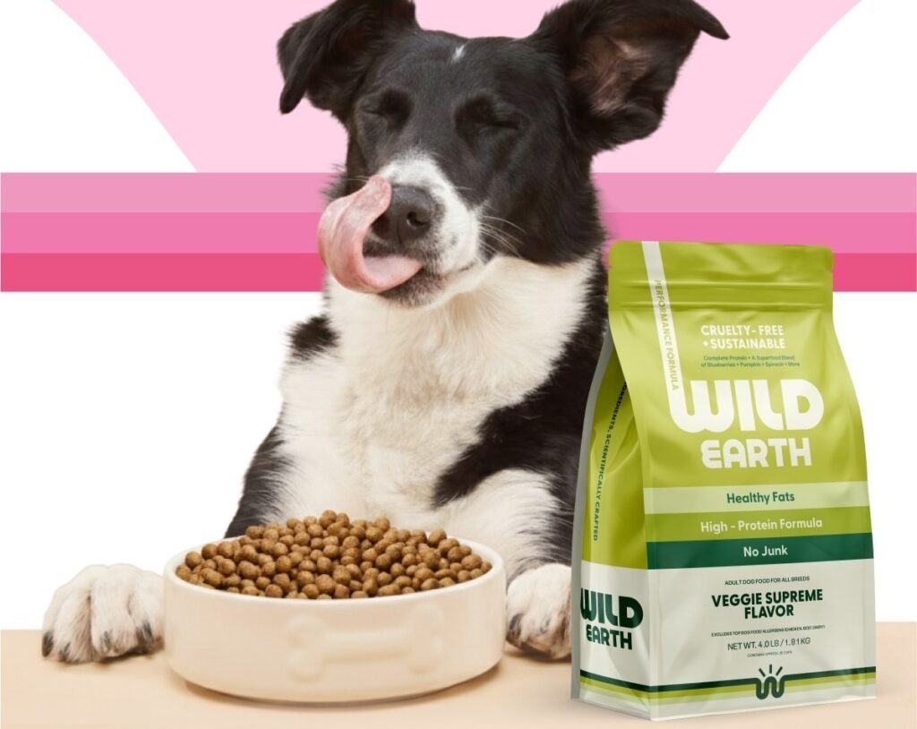 Wild Earth dog food bag and kibble for Dachshunds, plant-based formula for healthy digestion and skin support.