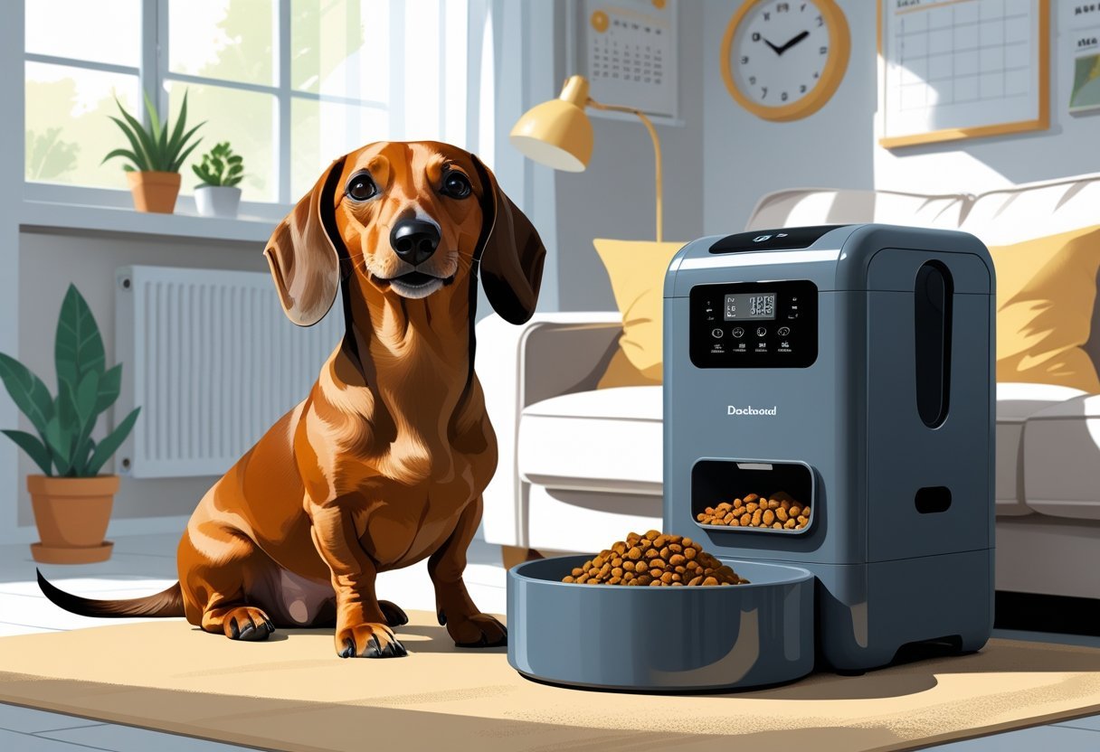 A Dachshund sitting next to an automatic pet feeder dispensing food into a bowl inside a cozy living room.