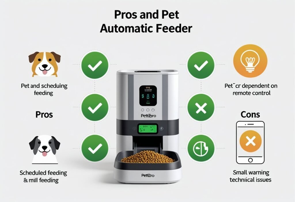 An illustration showing a Petlibro automatic pet feeder in the center with icons representing its advantages on the left and disadvantages on the right.