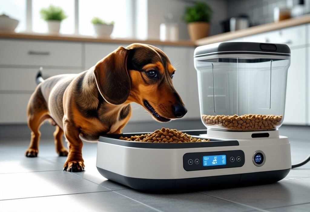 A Dachshund dog eating from an automatic pet feeder in a bright kitchen.