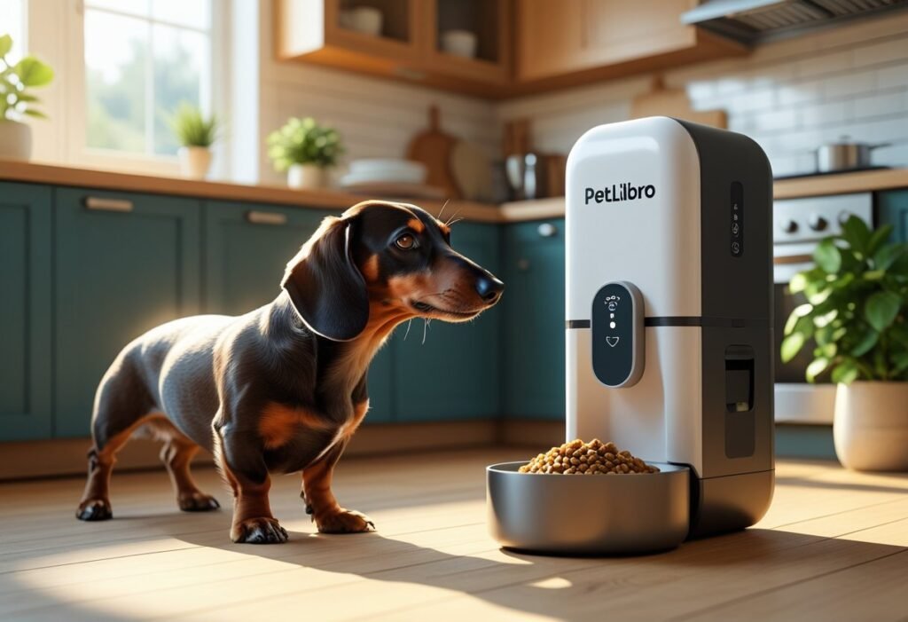 A Dachshund dog looking at an automatic pet feeder dispensing food in a modern kitchen.