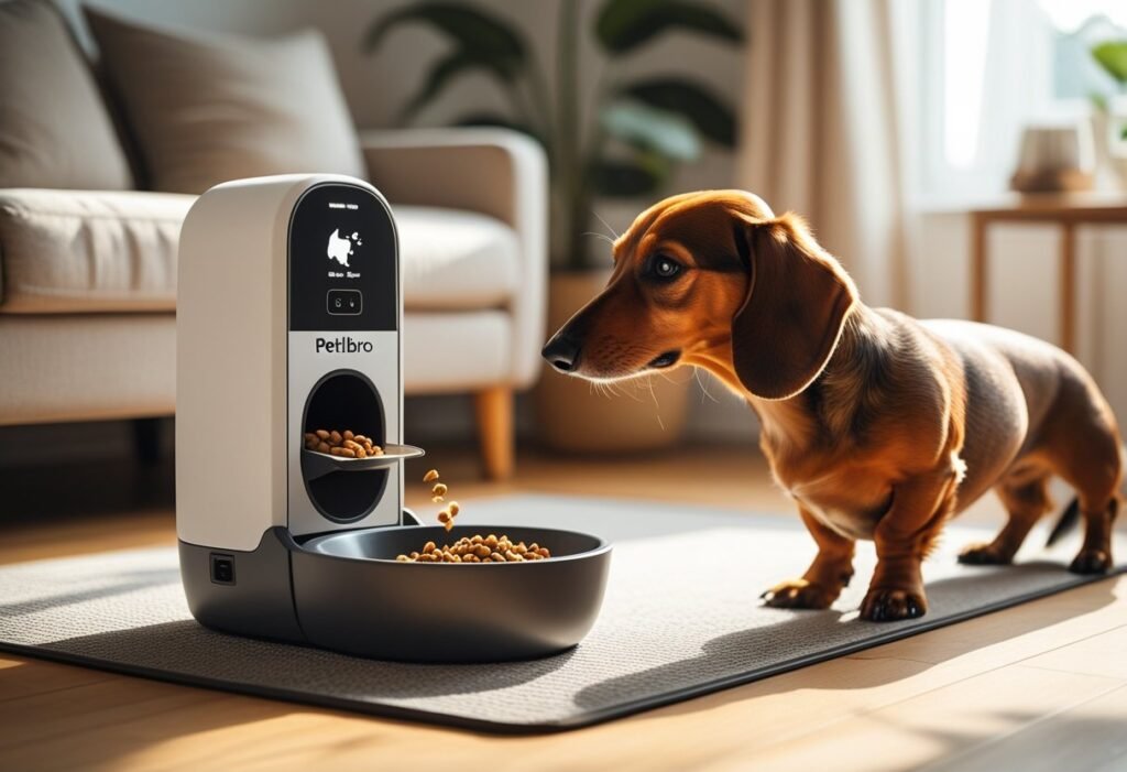 A dachshund dog looking at an automatic pet feeder dispensing food in a cozy home setting.