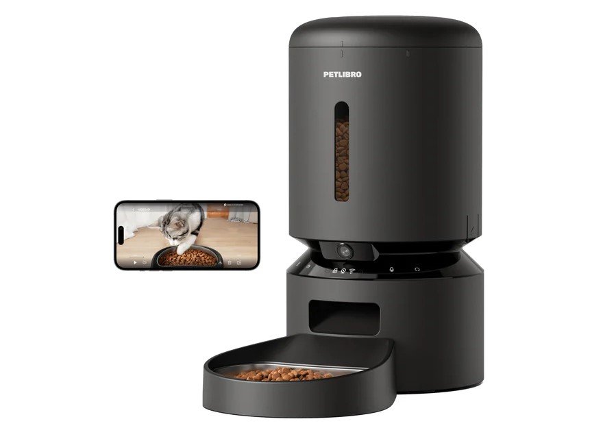 A modern Petlibro automatic pet feeder dispensing kibble for a small Dachshund in a cozy kitchen setting.