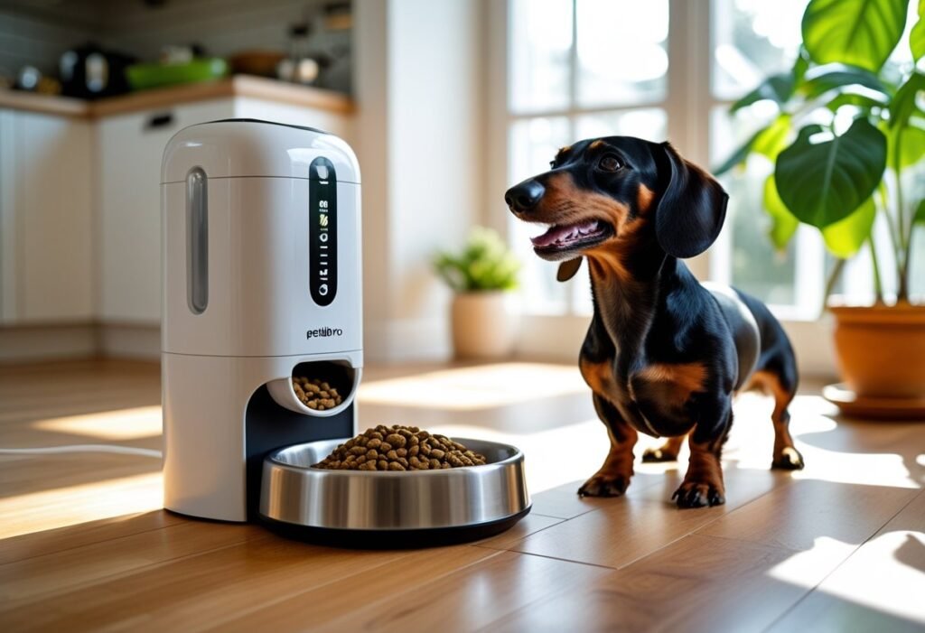 Dachshund waiting happily beside a Petlibro Automatic Feeder dispensing dry food in a cozy kitchen, representing stress-free and consistent mealtimes.