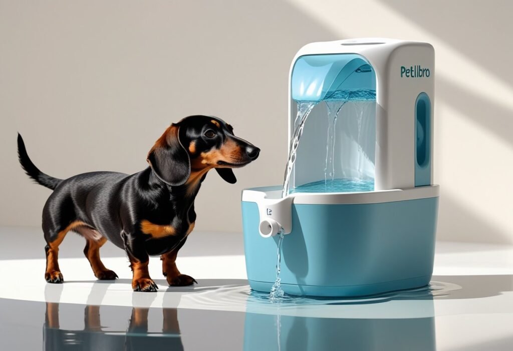 A small dachshund drinking water from a modern pet water fountain on a light surface.