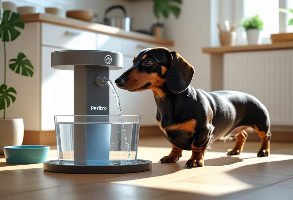 A Dachshund dog drinking water from a modern pet water fountain in a bright home setting.