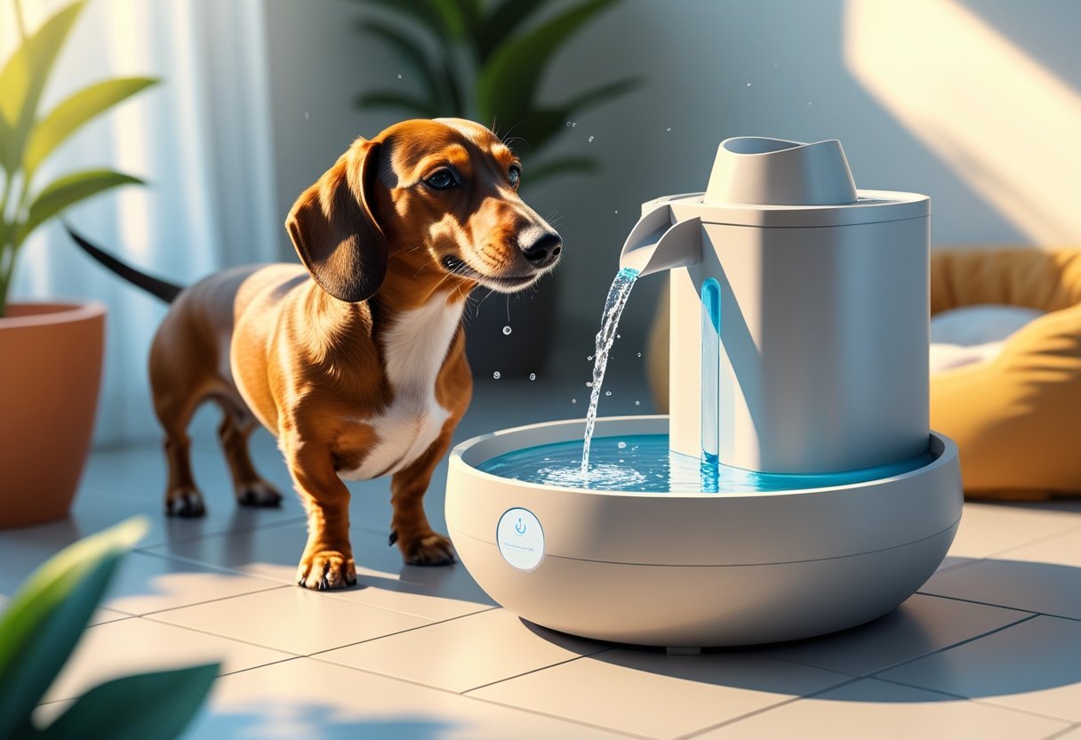 A dachshund drinking water from a modern pet water fountain indoors.