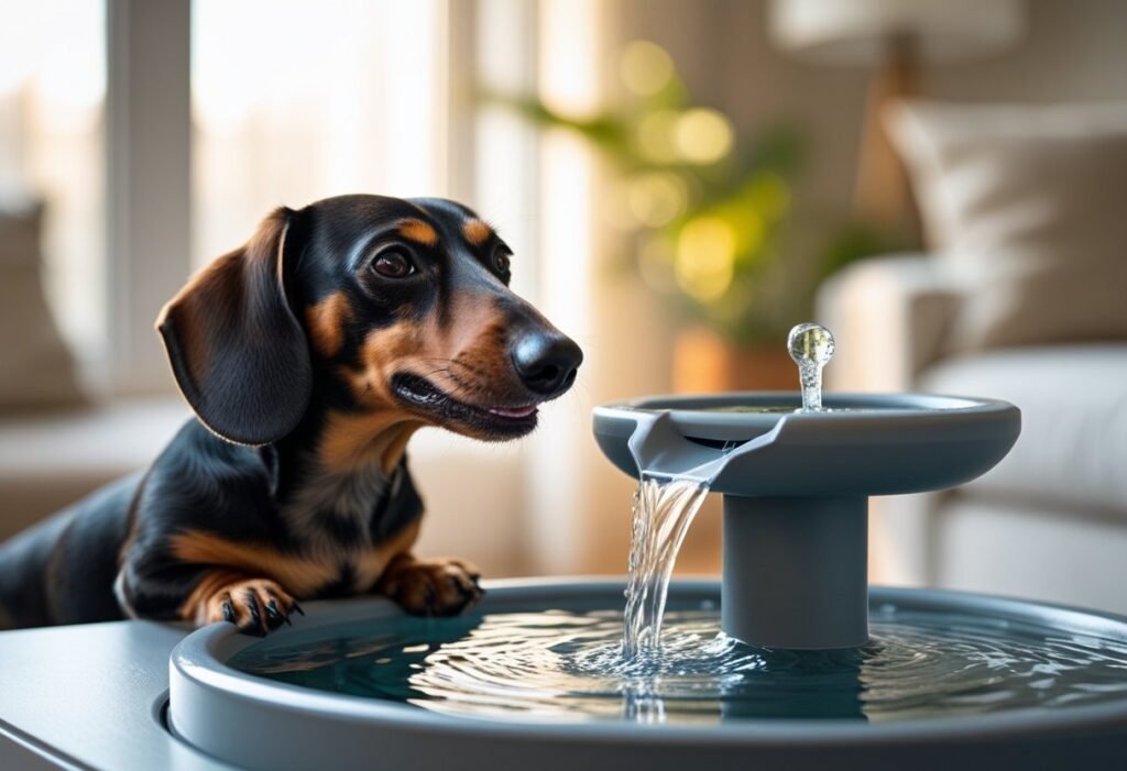Dachshund drinking fresh water from a modern Petlibro water fountain in a cozy home setting.