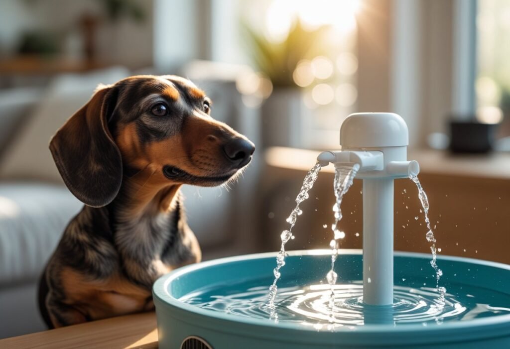 Cozy indoor scene with a Dachshund hydrating at a modern water fountain designed for pets.