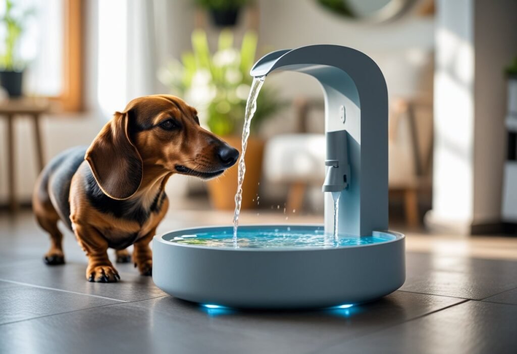 Petlibro Water Fountain Review for Dachshunds — happy pup sipping clean, flowing water indoors.