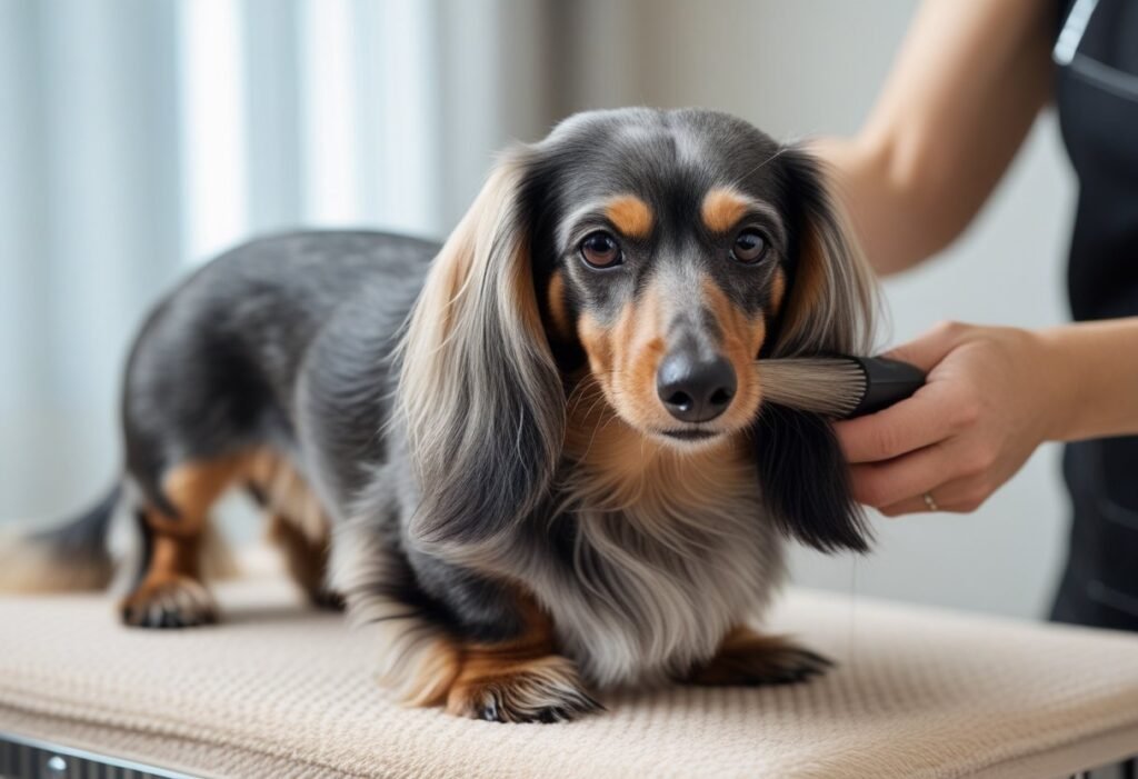 Long-haired Dachshund being brushed gently, displaying silky feathered fur maintained with Pride and Groom shampoo and conditioner.