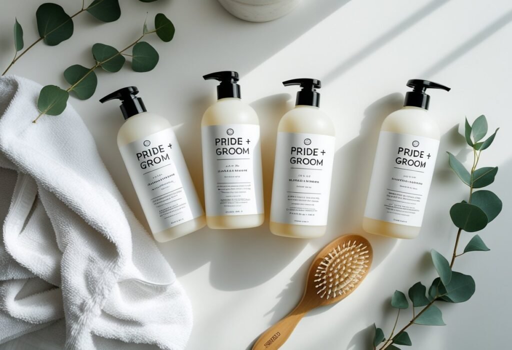Flat lay of Pride and Groom dog shampoo bottles with natural grooming accessories on a bathroom counter.
