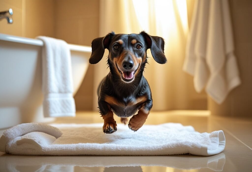 Happy Dachshund running on a soft towel after a bath, showing healthy clean coat with Pride and Groom shampoo care.