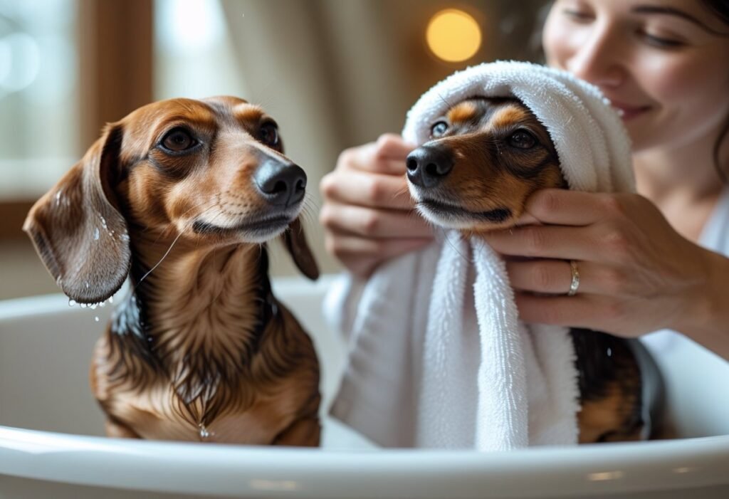 Dachshund being dried by owner with a soft towel after bath time, highlighting gentle grooming and care.
