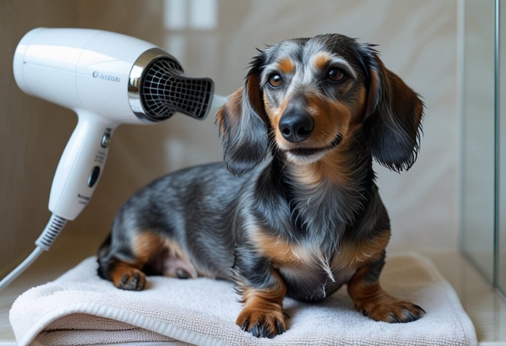 Natural dog shampoo bottle with eco-friendly packaging, placed on a clean white background for Dachshund grooming care