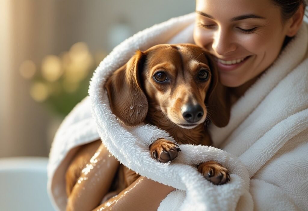 Cute Dachshund wrapped in a soft towel after a natural shampoo bath, calm and comfortable on grooming day