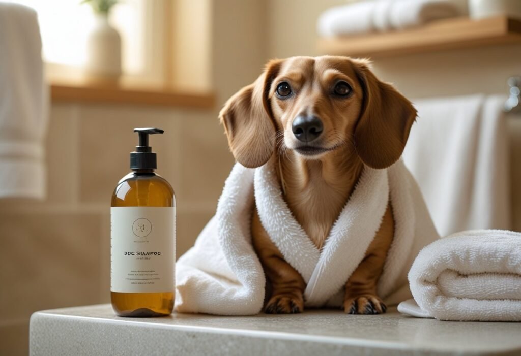 Freshly bathed Dachshund wrapped in towel next to a natural shampoo bottle, relaxed and happy after grooming