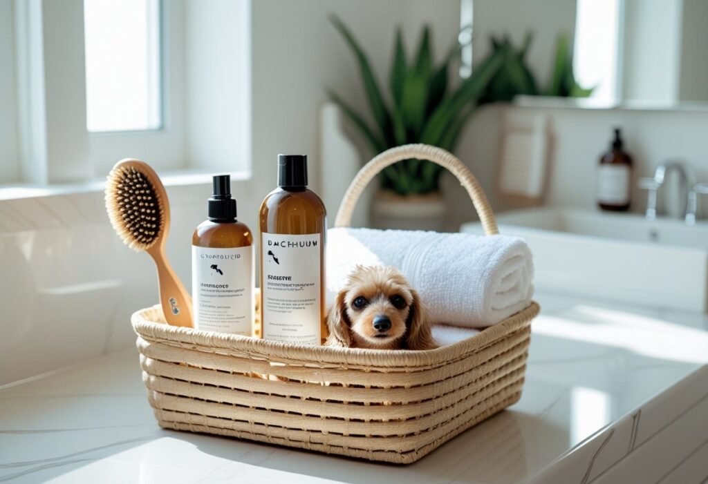 Flat lay of natural dog shampoo, grooming brush, and towel for Dachshund bath care essentials