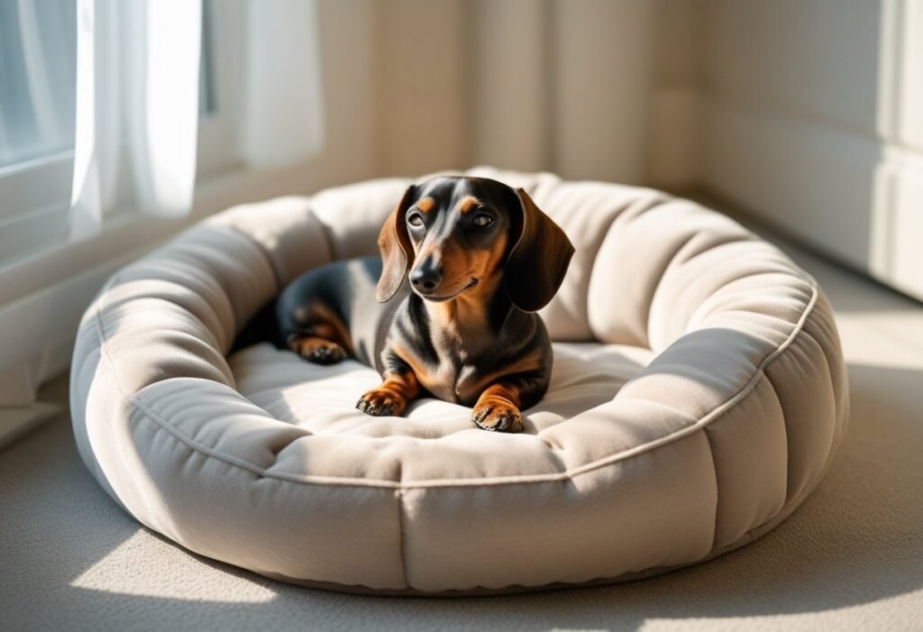 Relaxed dachshund lying peacefully in a soft Majestic Pet bagel bed with bolstered sides.