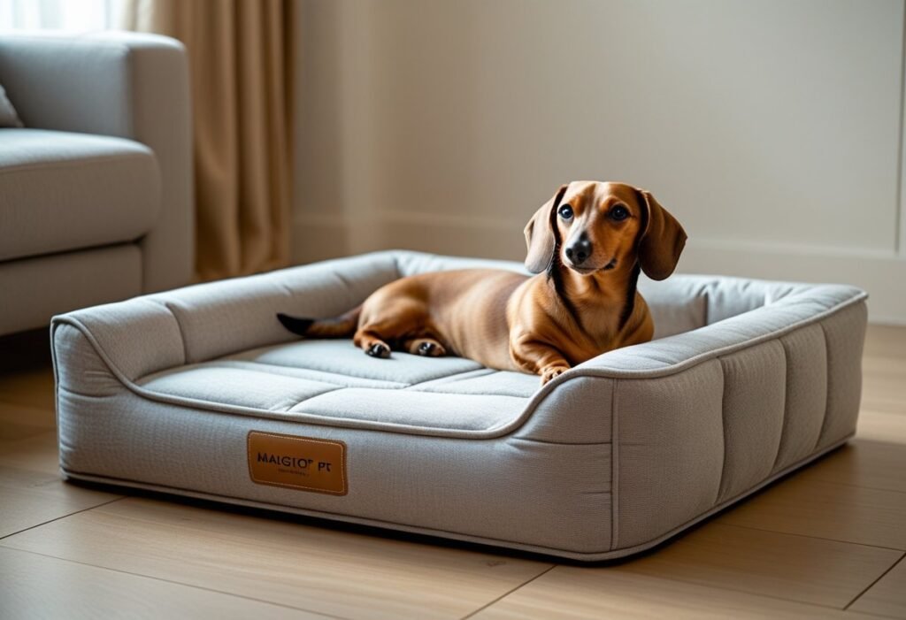 Majestic Pet orthopedic rectangle bed offering flat, supportive sleep surface for dachshunds.