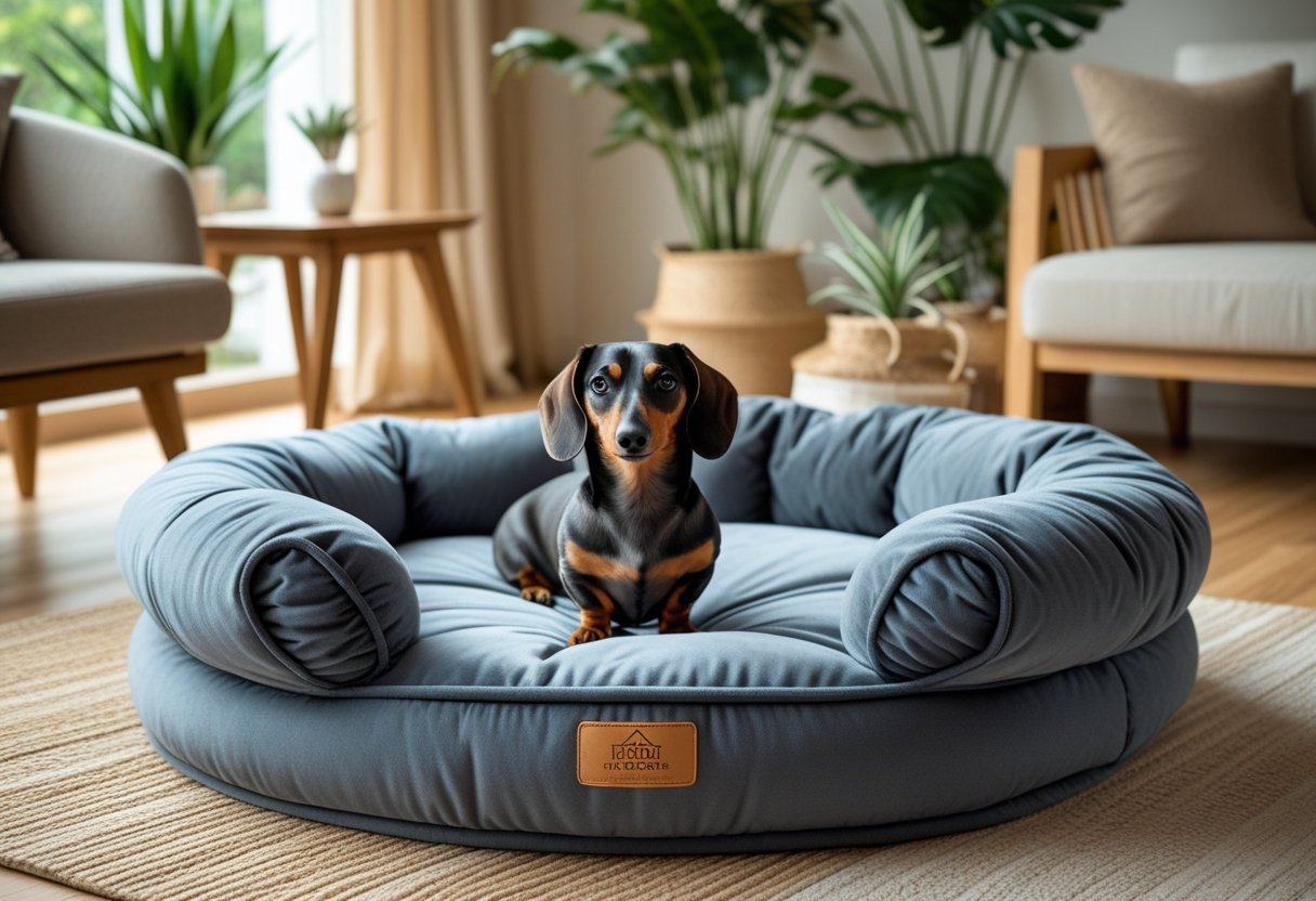 Happy Dachshund resting comfortably on a supportive orthopedic pet bed indoors.
