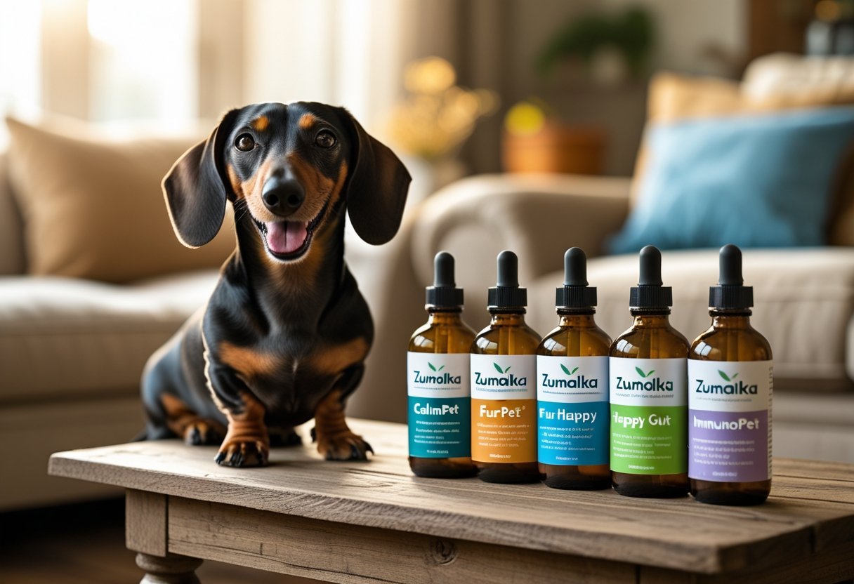Happy Dachshund sitting next to Zumalka remedy bottles on a wooden table in a cozy living room, representing natural care and support.