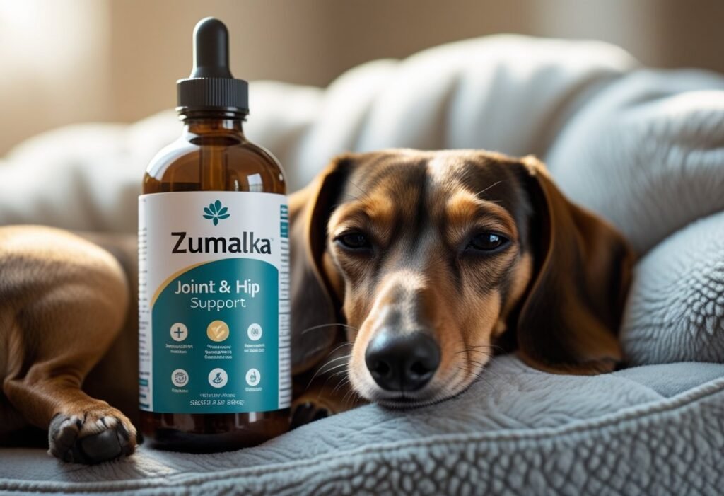 Zumalka Joint & Hip Support bottle beside a Dachshund resting comfortably on a memory foam bed.