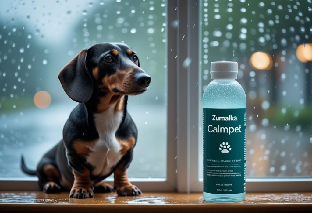 Calm Dachshund sitting by a rainy window with Zumalka Calmpet bottle nearby, peaceful indoor setting.