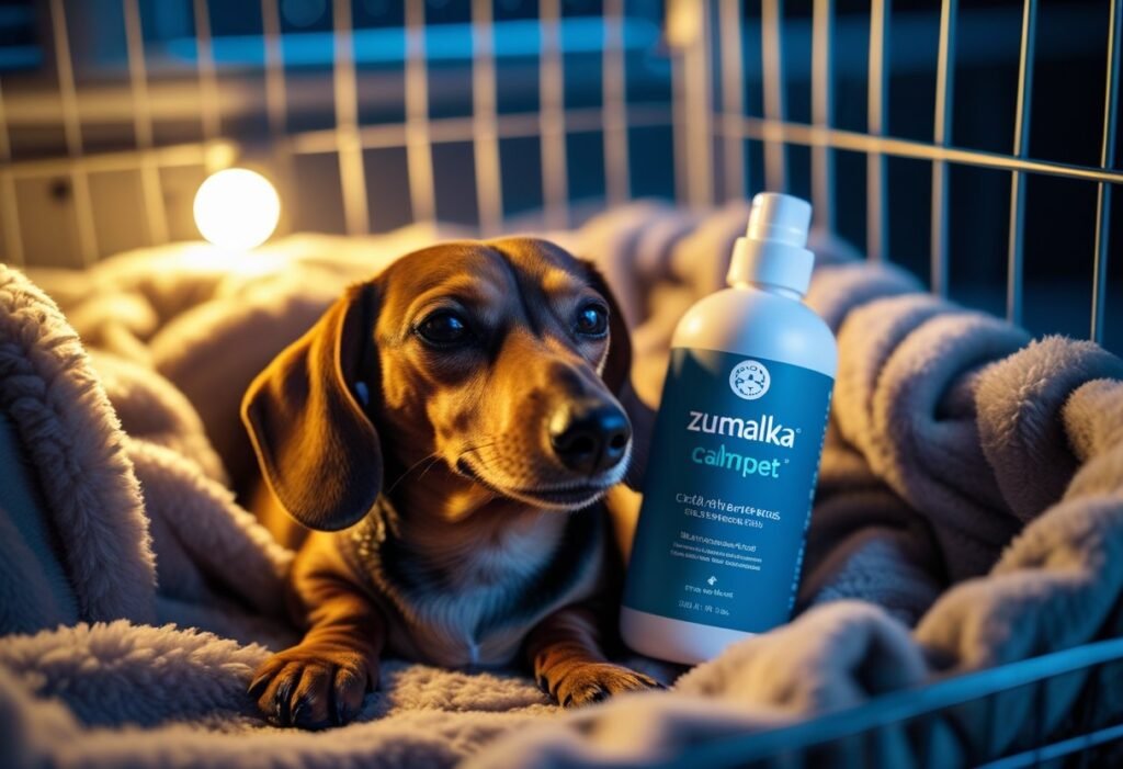 Dachshund relaxing in a crate with Zumalka Calmpet bottle close by, calm nighttime environment.