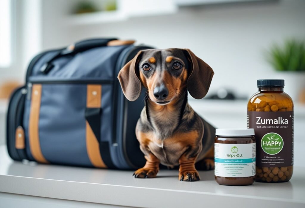 Travel-ready Dachshund beside a travel bag and Zumalka Happy Gut bottle on a counter.