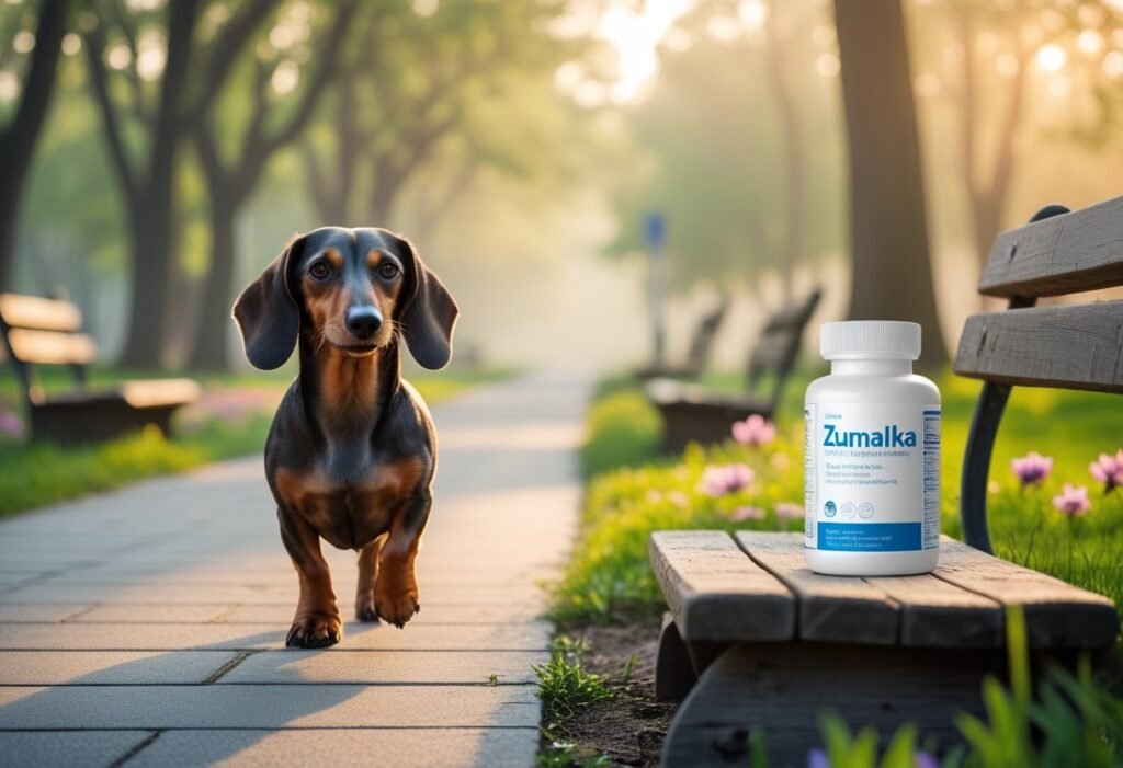 Senior Dachshund walking in a park with Zumalka ImmunoPet bottle visible on a bench in the background.