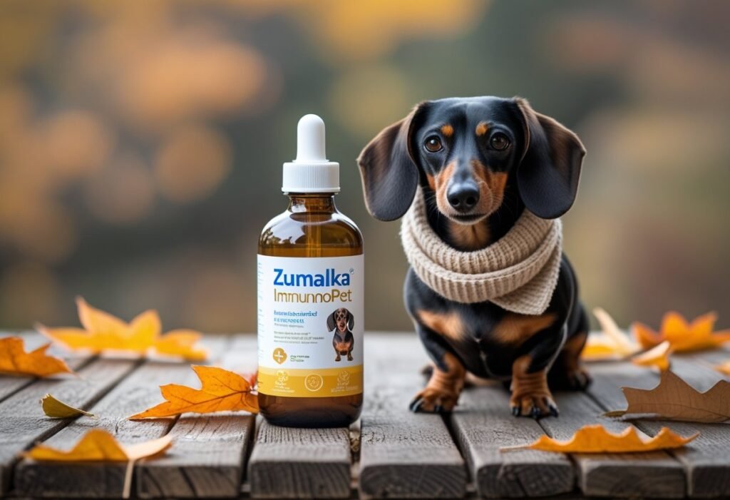 Zumalka ImmunoPet bottle on a table with a Dachshund wearing a scarf, autumn leaves surrounding them.