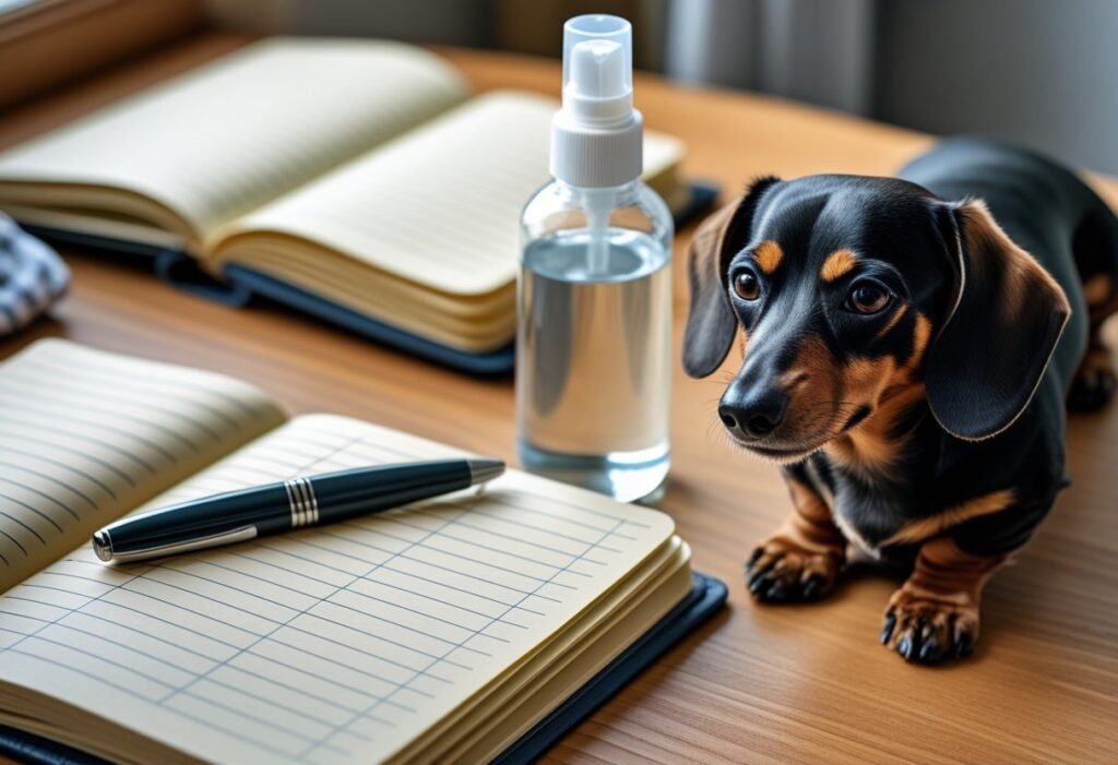 Notebook and Zumalka bottle on a table with a Dachshund sitting nearby, symbolizing progress tracking.