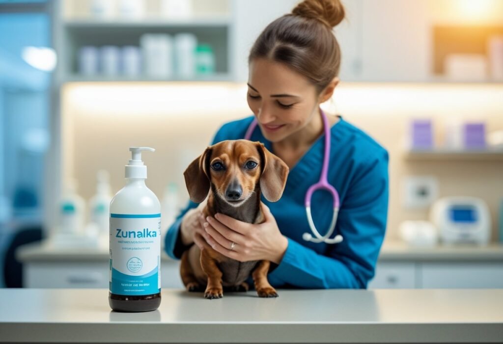 Owner holding a Dachshund at a veterinary clinic with a Zumalka bottle on the counter.