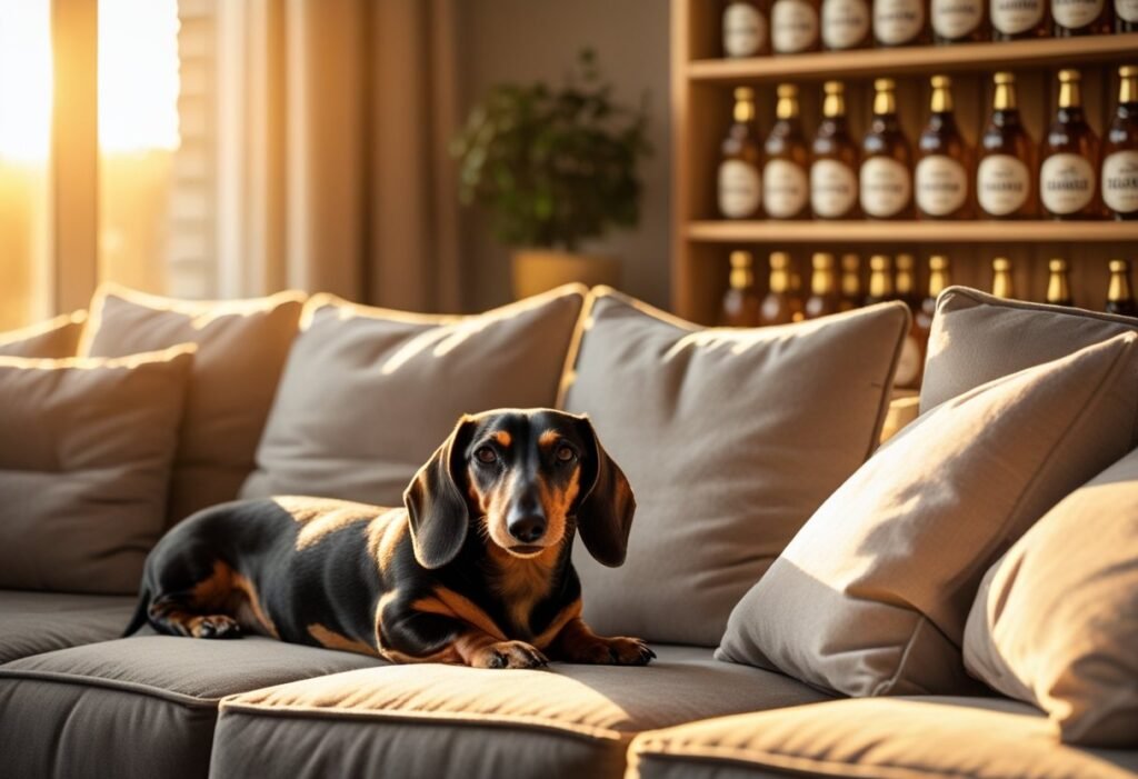 Cozy home scene with a Dachshund resting on a couch and Zumalka bottles neatly arranged on a nearby shelf.