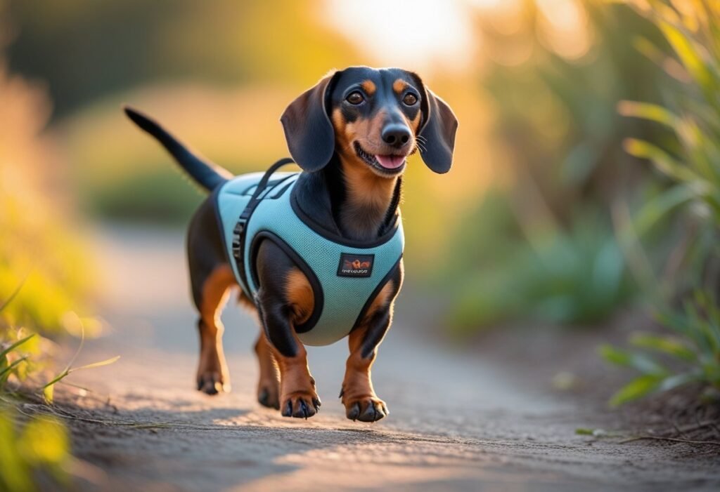 A Dachshund walking confidently outdoors wearing a padded back-support harness, showing proper fit and comfort.