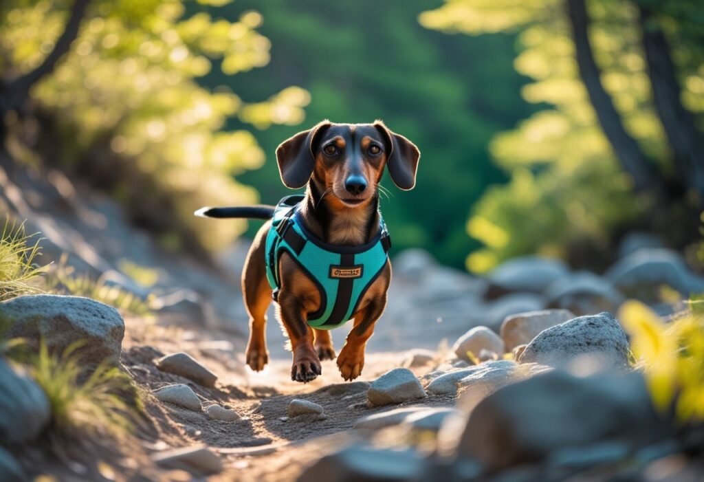 Dachshund in Embark Sports harness during a relaxed neighborhood walk.
