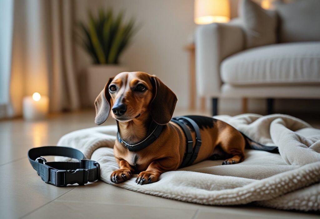 Dachshund carefully stepping off a curb using a well-fitted harness to avoid spinal strain.