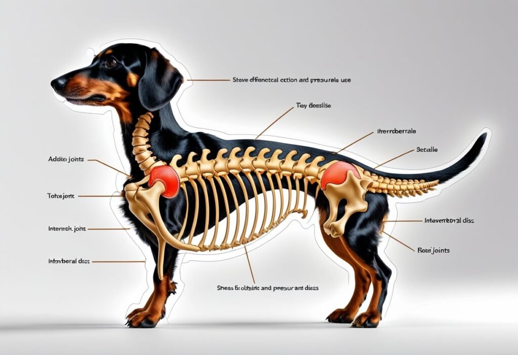 Illustration of a Dachshund spine with highlighted joints and discs showing pressure points.