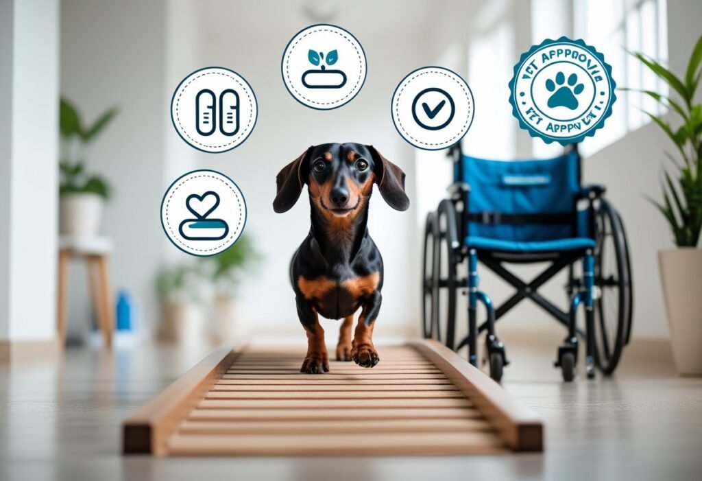 Dachshund walking up a small ramp with icons of supplements and a vet approval stamp.