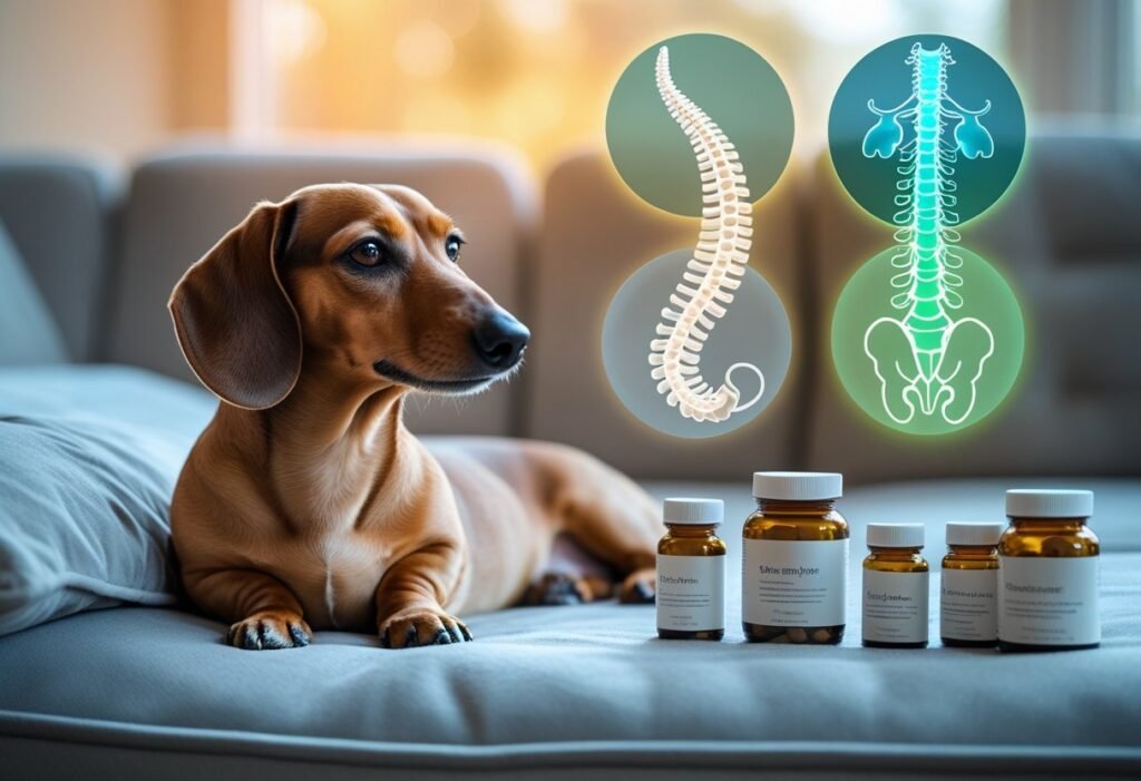 Dachshund resting calmly beside supplements with icons of strong joints and balanced digestion.