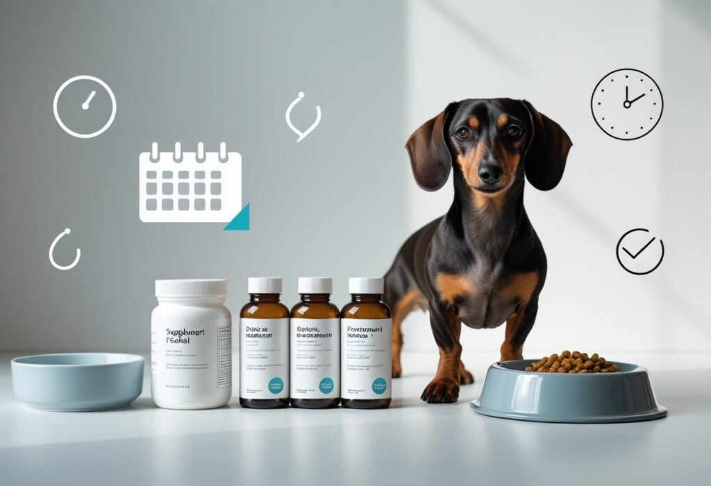 Dachshund beside supplement bottles, food bowl, and water dish symbolizing a consistent routine.