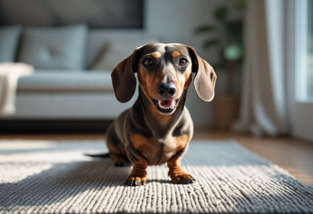 Dachshund showing mild aggression while growling on a living room rug.
