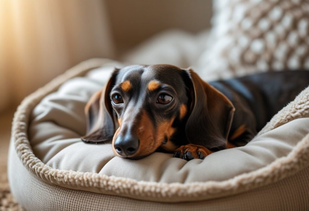Calm Dachshund resting peacefully after aggression training session.