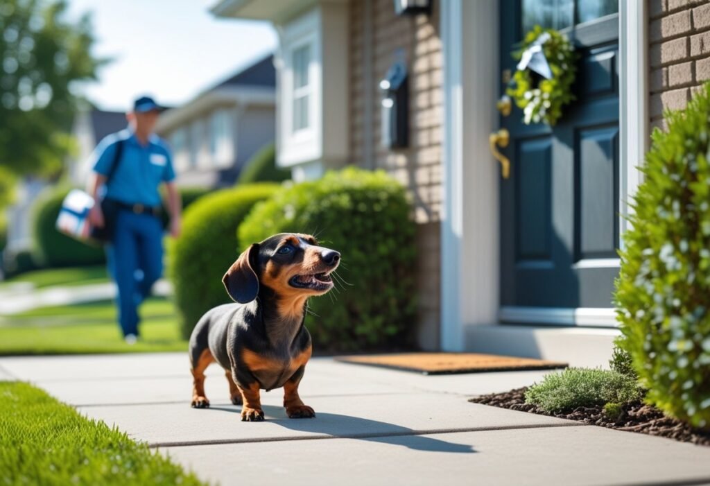 Dachshund barking at mail carrier showing territorial aggression signs.