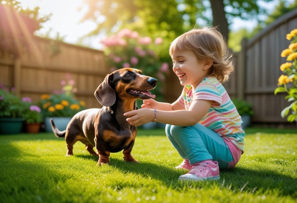 Friendly Dachshund playing gently with a child in the backyard.