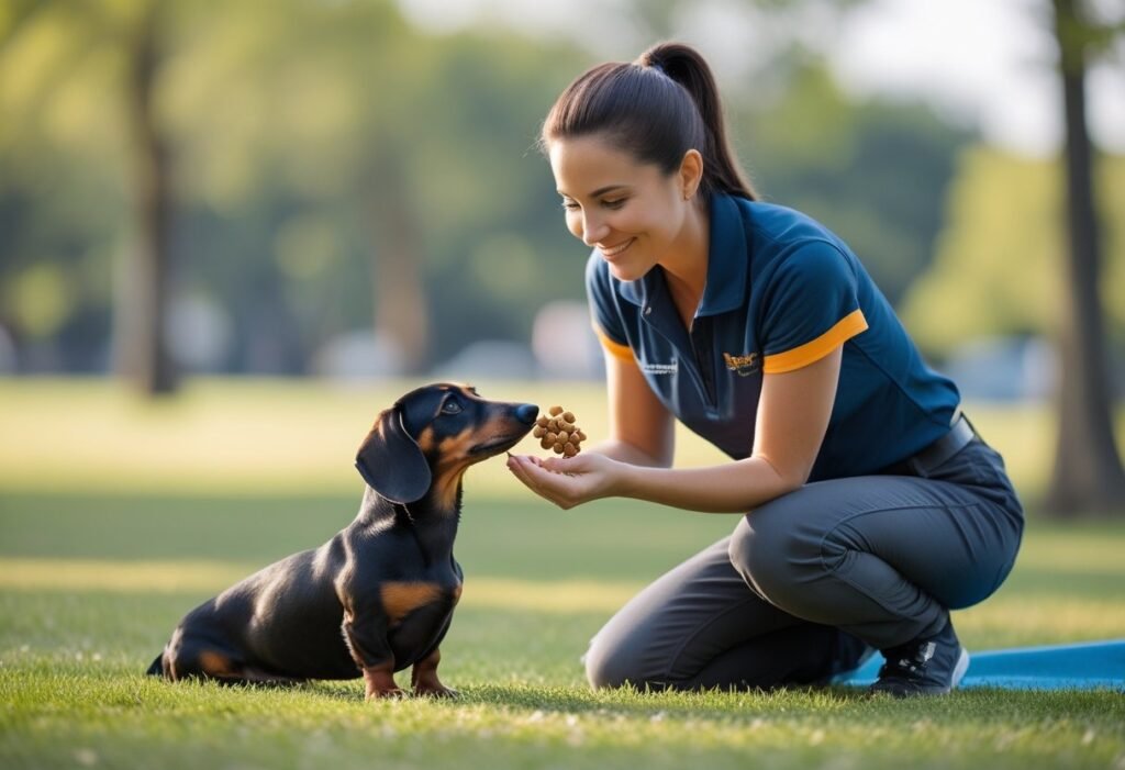 Trainer using treats to manage Dachshund aggression with positive training.