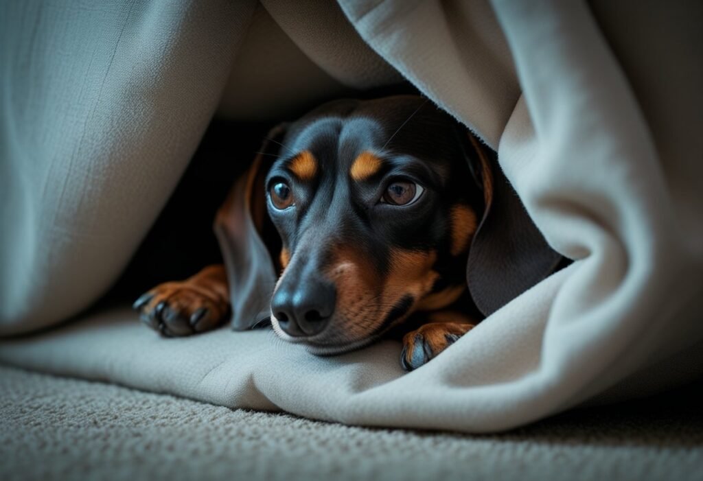 Anxious Dachshund hiding under blanket showing fear-based aggression.