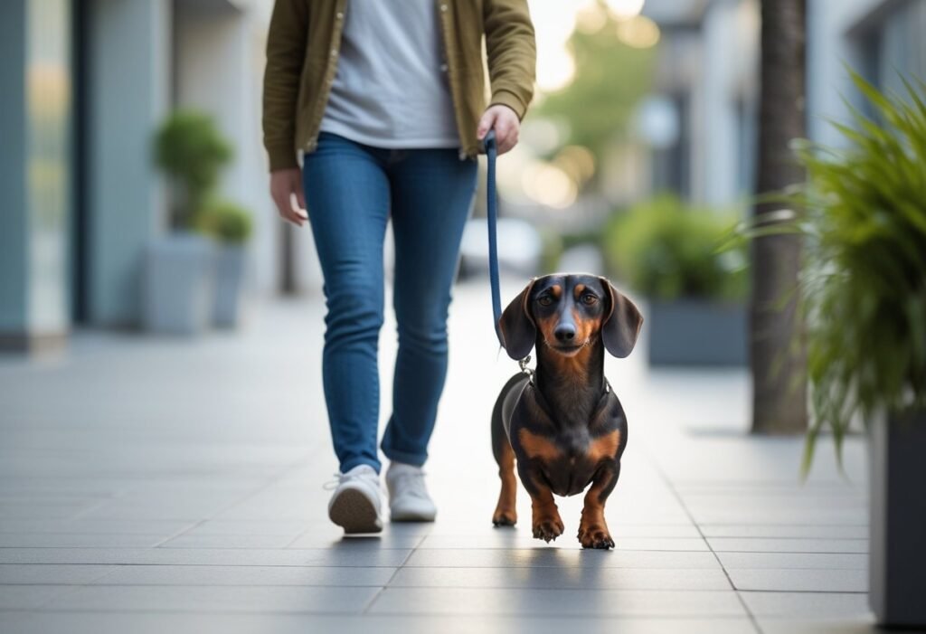 Owner walking Dachshund on leash to reduce leash-related aggression.