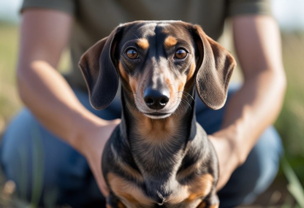Dachshund standing alert and protective near owner in natural light.